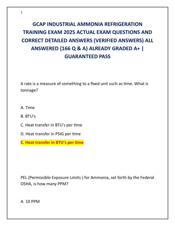 GCAP INDUSTRIAL AMMONIA REFRIGERATION TRAINING EXAM 2025 ACTUAL EXAM QUESTIONS AND CORRECT DETAILED ANSWERS