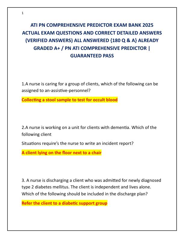 ATI PN COMPREHENSIVE PREDICTOR EXAM BANK 2025 ACTUAL EXAM QUESTIONS AND CORRECT DETAILED ANSWERS