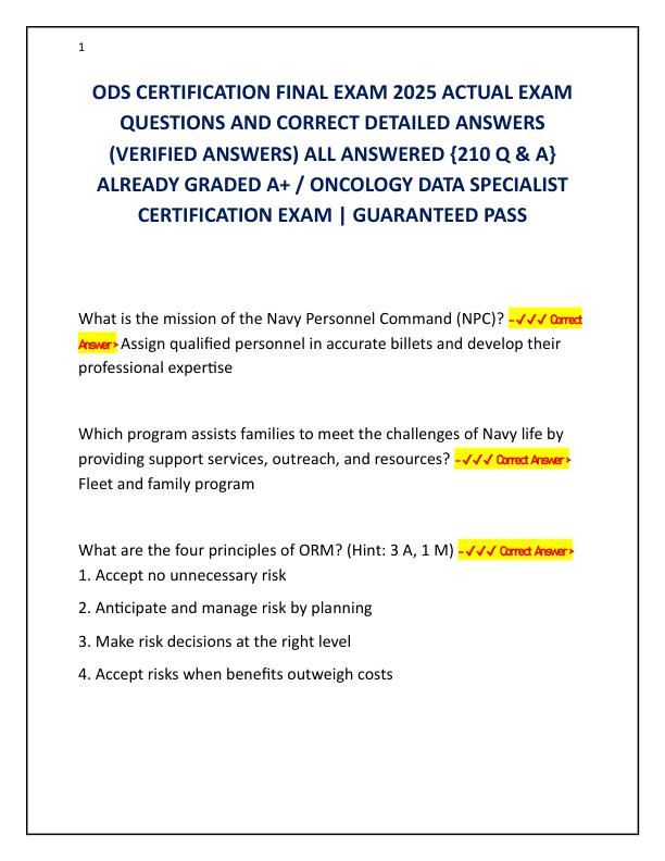 ODS CERTIFICATION FINAL EXAM 2025 ACTUAL EXAM QUESTIONS AND CORRECT DETAILED ANSWERS