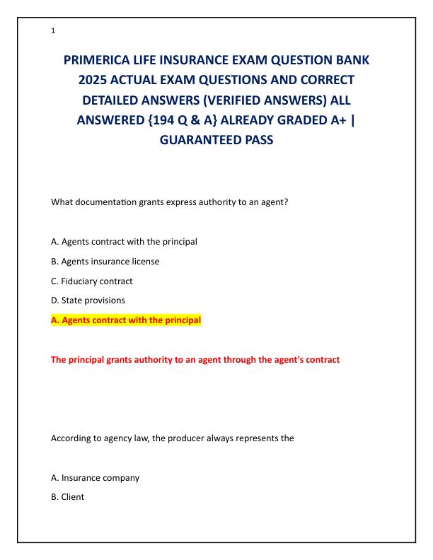PRIMERICA LIFE INSURANCE EXAM QUESTION BANK 2025 ACTUAL EXAM QUESTIONS AND CORRECT DETAILED ANSWERS