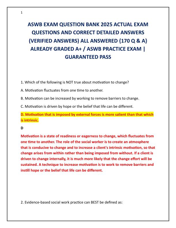 ASWB EXAM QUESTION BANK 2025 ACTUAL EXAM QUESTIONS AND CORRECT DETAILED ANSWERS