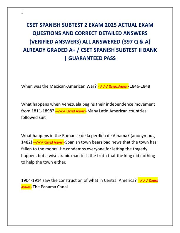 CSET SPANISH SUBTEST 2 EXAM 2025 ACTUAL EXAM QUESTIONS AND CORRECT DETAILED ANSWERS