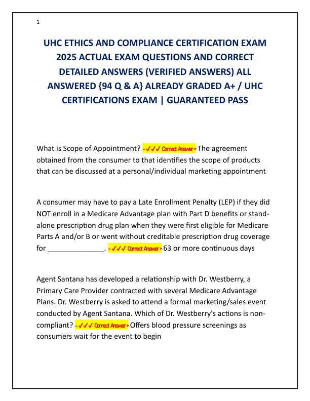 UHC ETHICS AND COMPLIANCE CERTIFICATION EXAM 2025 ACTUAL EXAM QUESTIONS AND CORRECT DETAILED ANSWERS