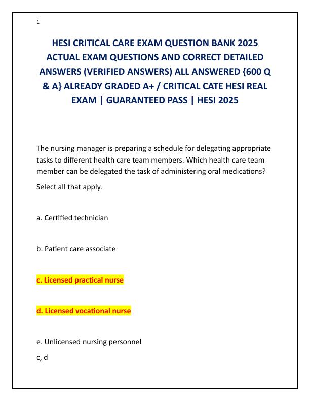 HESI CRITICAL CARE EXAM QUESTION BANK 2025 ACTUAL EXAM QUESTIONS AND CORRECT DETAILED ANSWERS