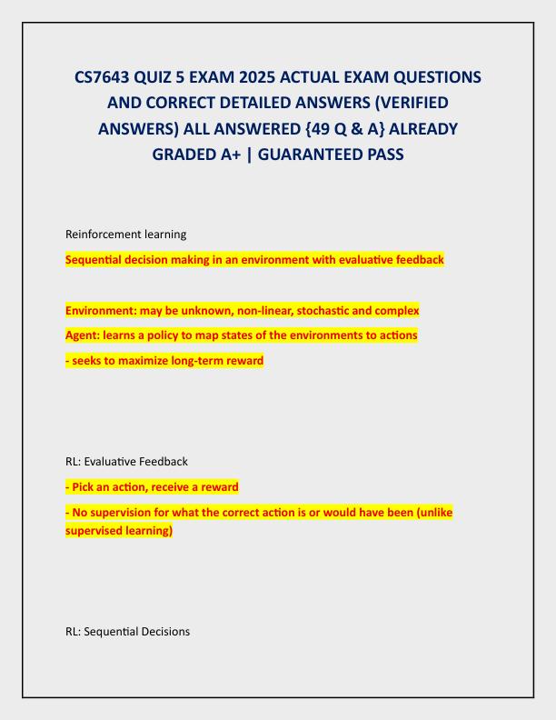 CS7643 QUIZ 5 EXAM 2025 ACTUAL EXAM QUESTIONS AND CORRECT DETAILED ANSWERS
