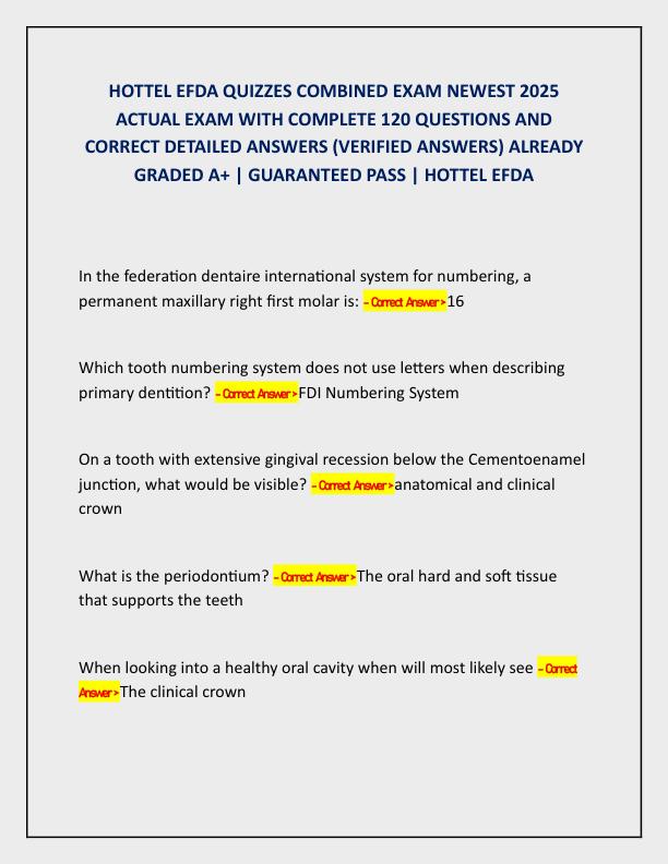 HOTTEL EFDA QUIZZES COMBINED EXAM NEWEST 2025 ACTUAL EXAM WITH COMPLETE 120 QUESTIONS AND CORRECT DETAILED ANSWERS