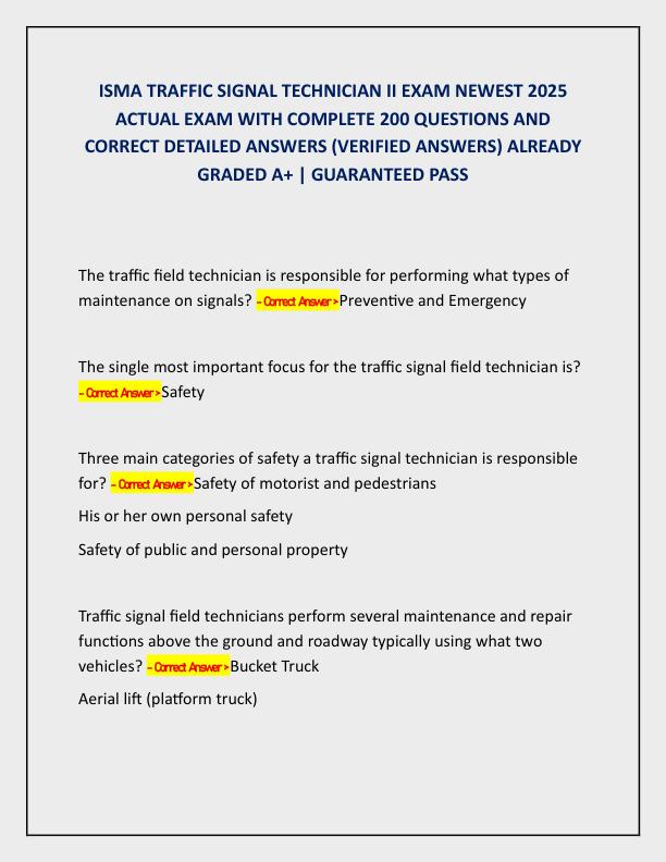 mobile-preview-ISMA TRAFFIC SIGNAL TECHNICIAN II EXAM NEWEST 2025 ACTUAL EXAM WITH COMPLETE 200 QUESTIONS AND CORRECT DETAILED ANSWERS