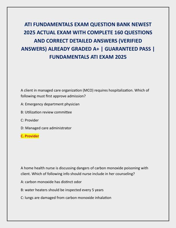ATI FUNDAMENTALS EXAM QUESTION BANK NEWEST 2025 ACTUAL EXAM WITH COMPLETE 160 QUESTIONS AND CORRECT DETAILED ANSWERS