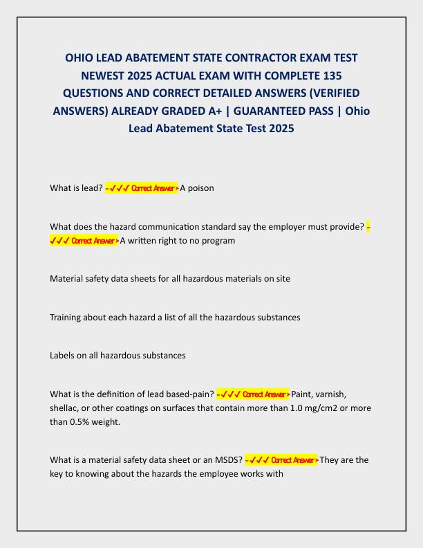 OHIO LEAD ABATEMENT STATE CONTRACTOR EXAM TEST NEWEST 2025 ACTUAL EXAM WITH COMPLETE 135 QUESTIONS AND CORRECT DETAILED ANSWERS