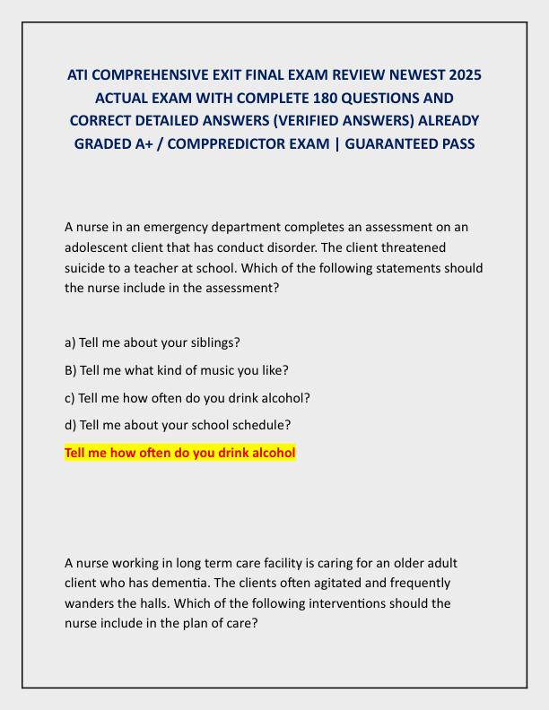 ATI COMPREHENSIVE EXIT FINAL EXAM REVIEW NEWEST 2025 ACTUAL EXAM WITH COMPLETE 180 QUESTIONS AND CORRECT DETAILED ANSWERS