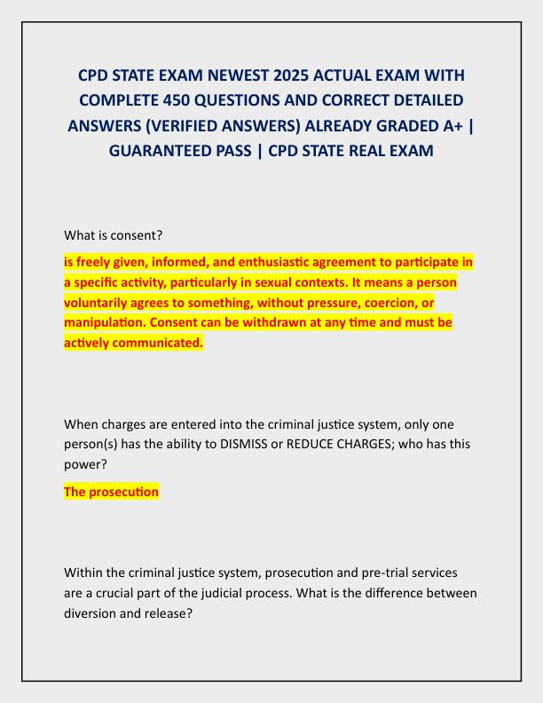 CPD STATE EXAM NEWEST 2025 ACTUAL EXAM WITH COMPLETE 450 QUESTIONS AND CORRECT DETAILED ANSWERS