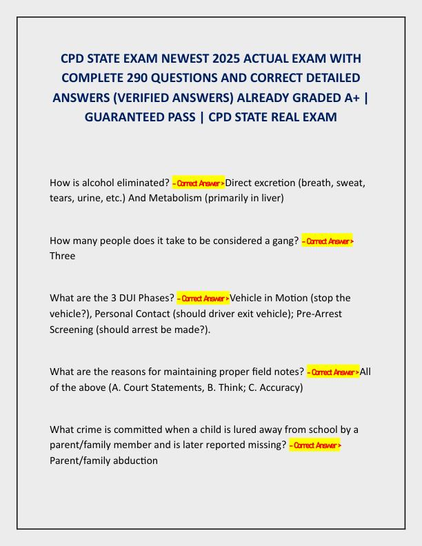 CPD STATE EXAM NEWEST 2025 ACTUAL EXAM WITH COMPLETE 290 QUESTIONS AND CORRECT DETAILED ANSWERS