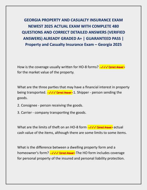GEORGIA PROPERTY AND CASUALTY INSURANCE EXAM NEWEST 2025 ACTUAL EXAM WITH COMPLETE 480 QUESTIONS AND CORRECT DETAILED ANSWERS