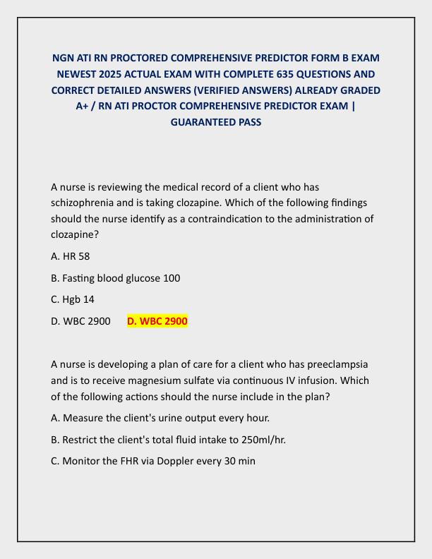 NGN ATI RN PROCTORED COMPREHENSIVE PREDICTOR FORM B EXAM NEWEST 2025 ACTUAL EXAM WITH COMPLETE 635 QUESTIONS AND CORRECT DETAILED ANSWERS-1-230