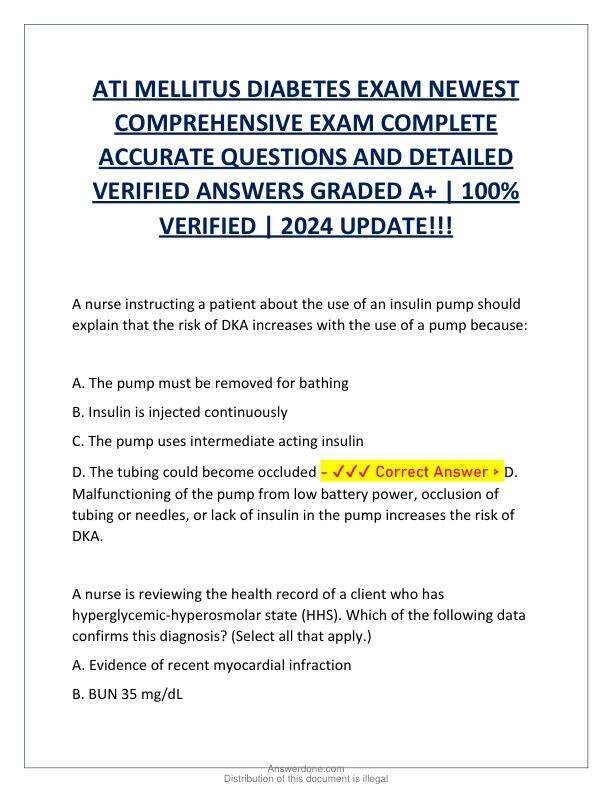 ATI MELLITUS DIABETES EXAM NEWEST COMPREHENSIVE EXAM COMPLETE ACCURATE QUESTIONS AND DETAILED VERIFIED ANSWERS GRADED A.pdf