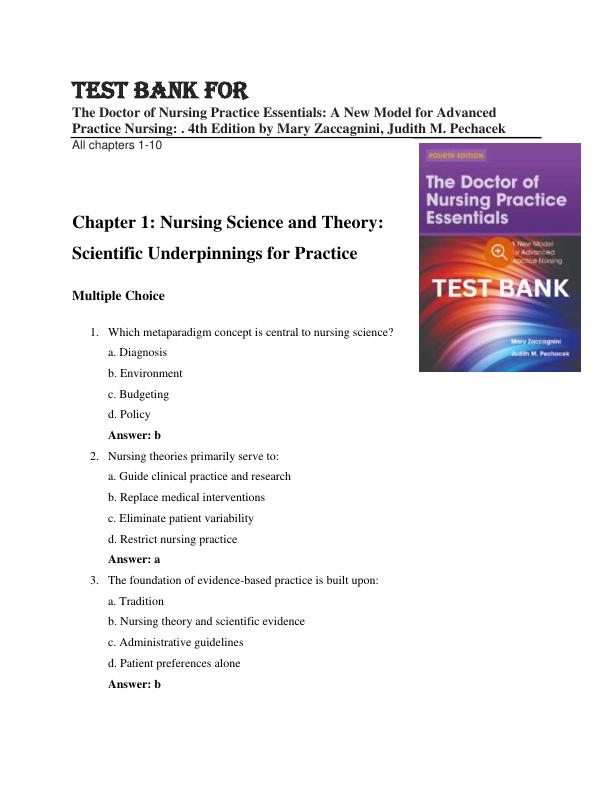 Test Bank for The Doctor of Nursing Practice Essentials A New Model for Advanced Practice Nursing 4th Edition by Mary Zaccagnini, Judith M. Pechacek
