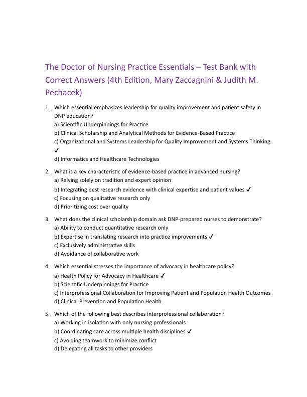 The Doctor of Nursing Practice Essentials – Test Bank with Correct Answers (4th Edition, Mary Zaccagnini & Judith M. Pechacek)