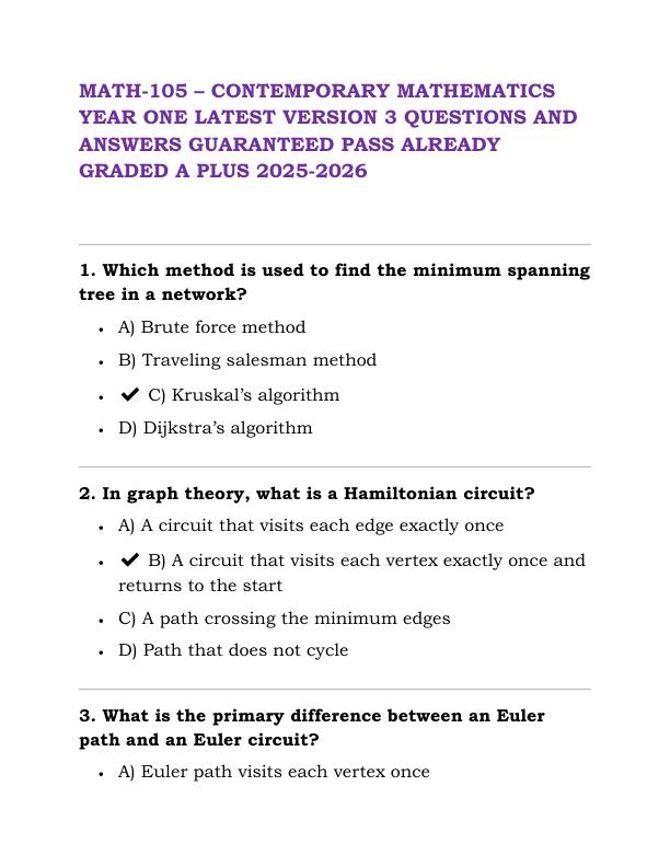 MATH 105 – CONTEMPORARY MATHEMATICS YEAR ONE LATEST VERSION 3 QUESTIONS AND ANSWERS GUARANTEED PASS ALREADY GRADED A PLUS 2025-2026