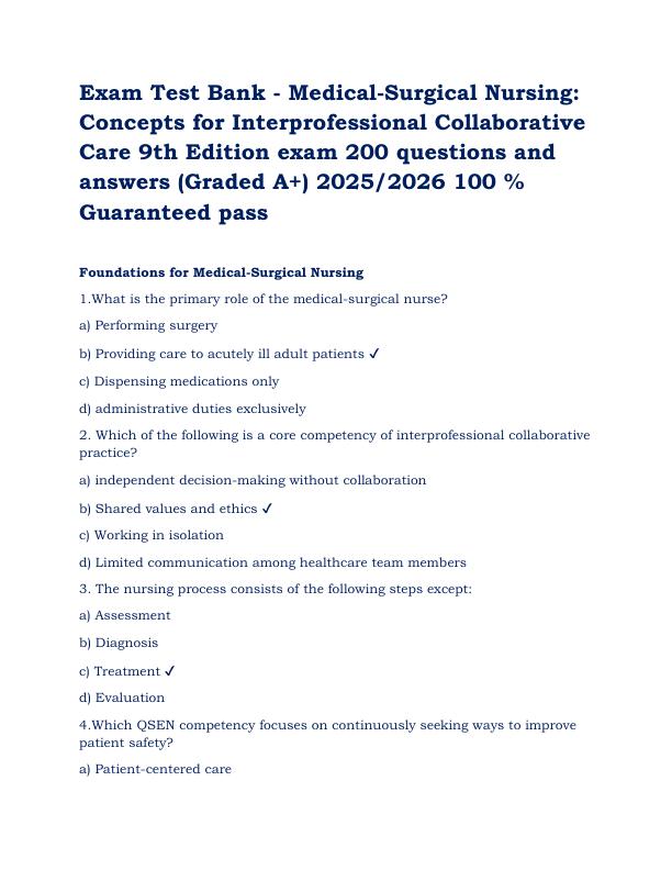 Exam Test Bank - Medical-Surgical Nursing Concepts for Interprofessional Collaborative Care 9th Edition exam 200 questions and answers (Graded A+) 2025-2026 100 % Guaranteed pass