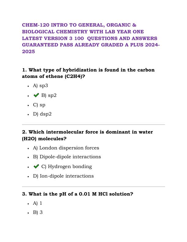 CHEM 120 INTRO TO GENERAL, ORGANIC & BIOLOGICAL CHEMISTRY WITH LAB YEAR ONE LATEST VERSION 3 100  QUESTIONS AND ANSWERS GUARANTEED PASS ALREADY GRADED A PLUS 2024-2025