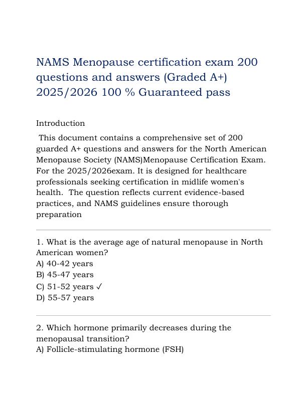 NAMS Menopause certification exam 200 questions and answers (Graded A+) 2025-2026 100 % Guaranteed pass