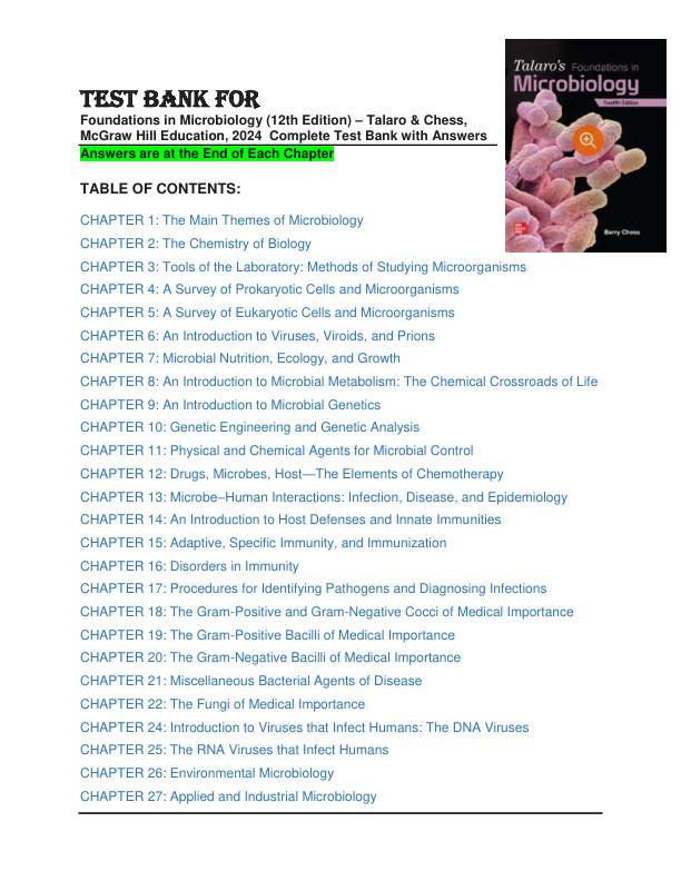 Foundations in Microbiology (12th Edition) – Talaro & Chess, McGraw Hill Education, 2024  Complete Test Bank with Answers