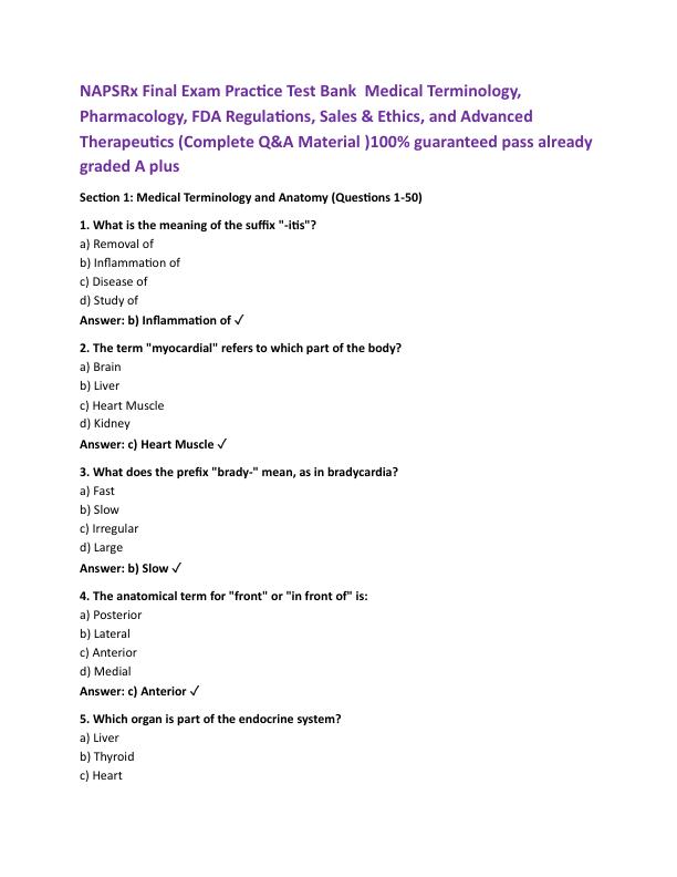 NAPSRx Final Exam Practice Test Bank  Medical Terminology