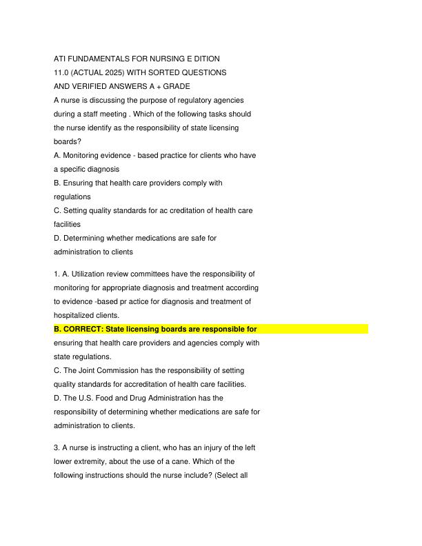 ATI FUNDAMENTALS FOR NURSING EDITION 11.0 (ACTUAL 2025) WITH SORTED QUESTIONS AND VERIFIED ANSWERS A + GRADE