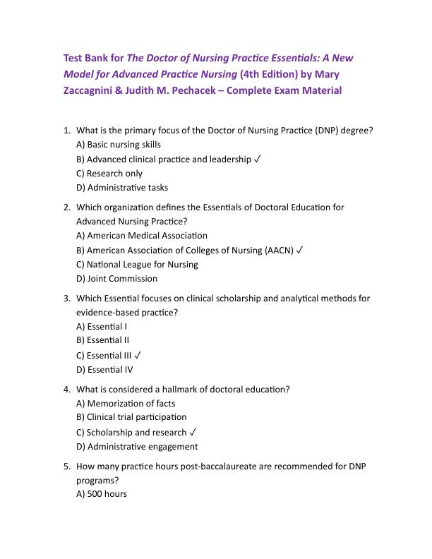 Test Bank for The Doctor of Nursing Practice Essentials A New Model for Advanced Practice Nursing (4th Edition) by Mary Zaccagnini & Judith M. Pechacek Complete Exam Material