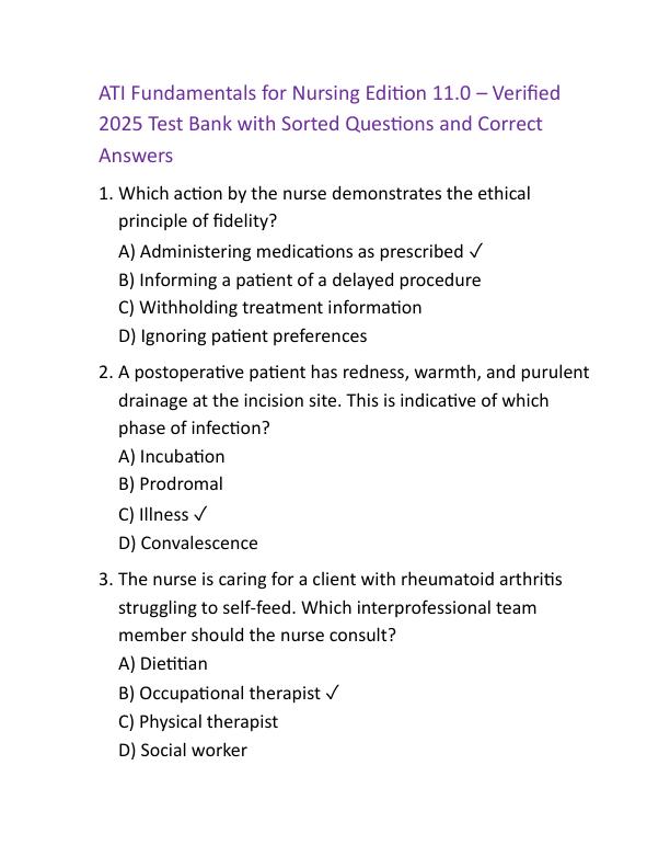 ATI Fundamentals for Nursing Edition 11.0 Verified 2025 Test Bank with Sorted Questions and Correct Answers