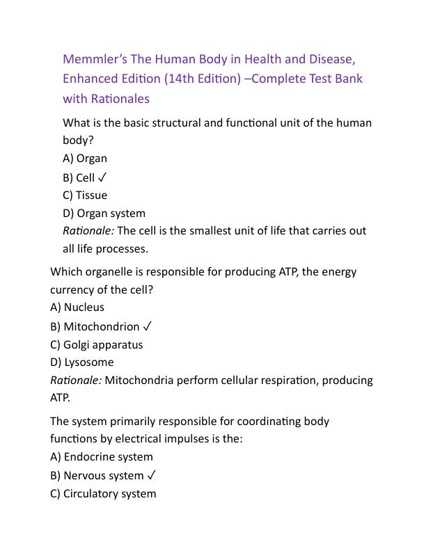 Memmler’s The Human Body in Health and Disease, Enhanced Edition (14th Edition) Complete Test Bank with Rationales