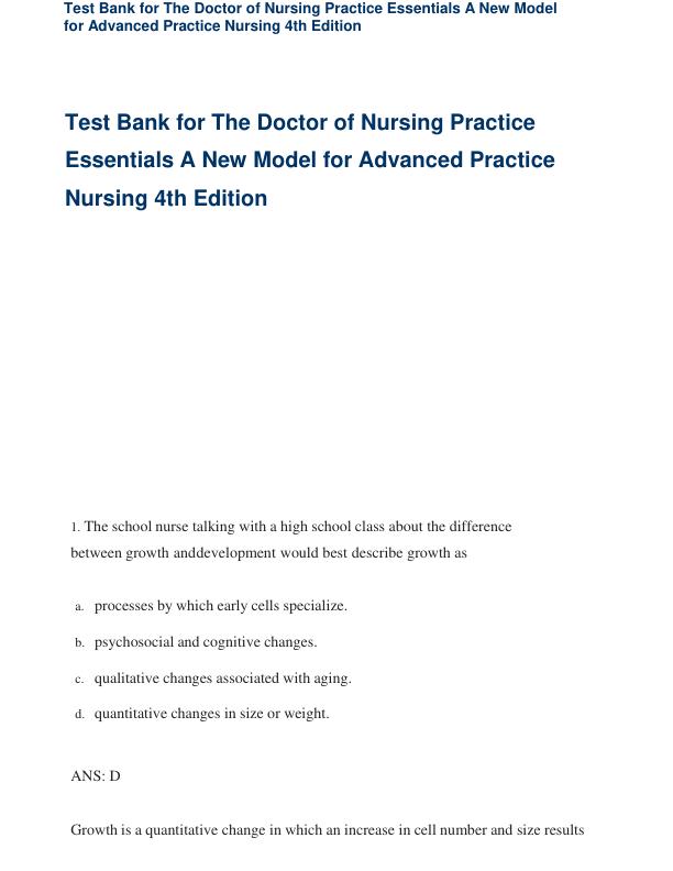 Test Bank for The Doctor of Nursing Practice Essentials A New Model for Advanced Practice Nursing 4th Editionc