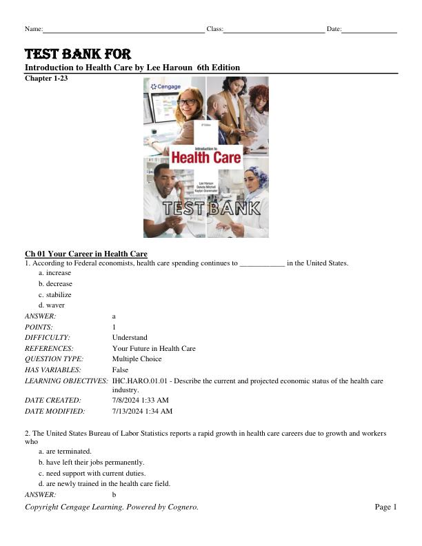 Test Bank For Introduction to Health Care 6th Edition by Lee Haroun Chapter 1-23