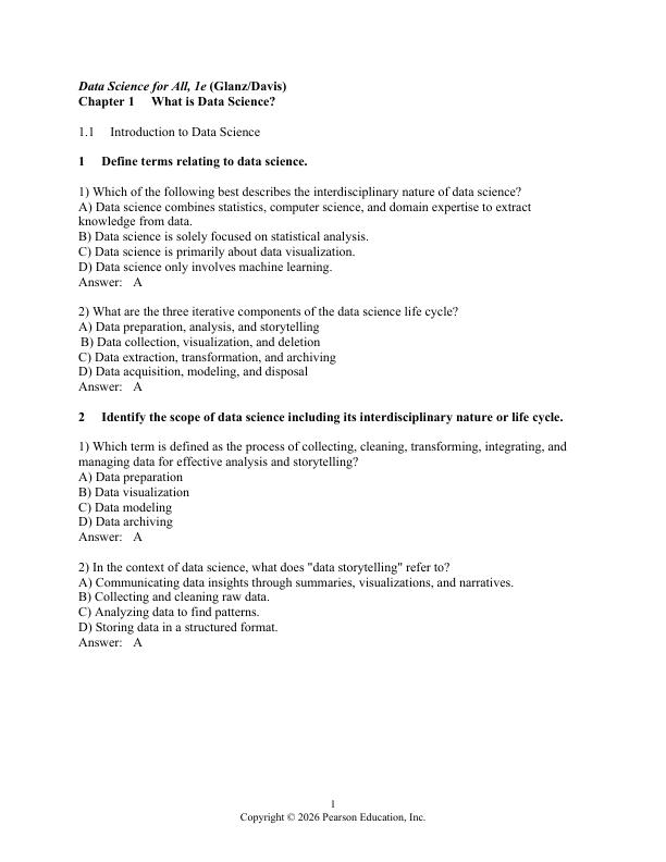 Test Bank for Data Science For All, 1st edition by Brennan Davis Hunter Glanz