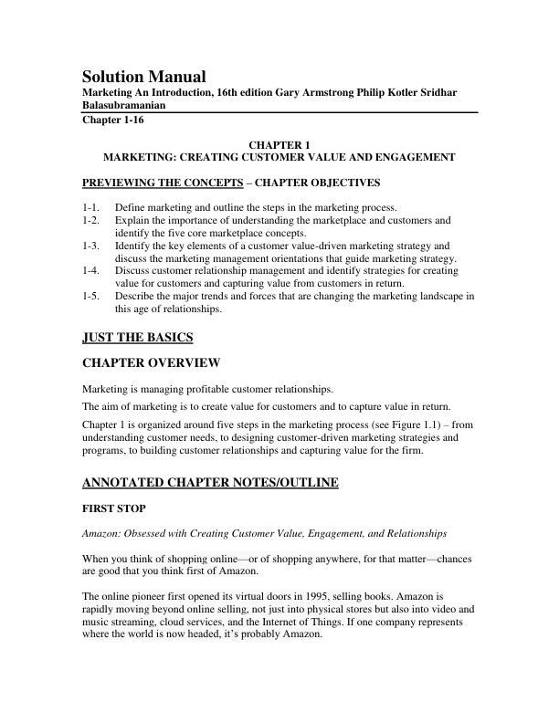 Solution Manual for Marketing An Introduction, 16th edition Gary Armstrong Philip Kotler Sridhar Balasubramanian