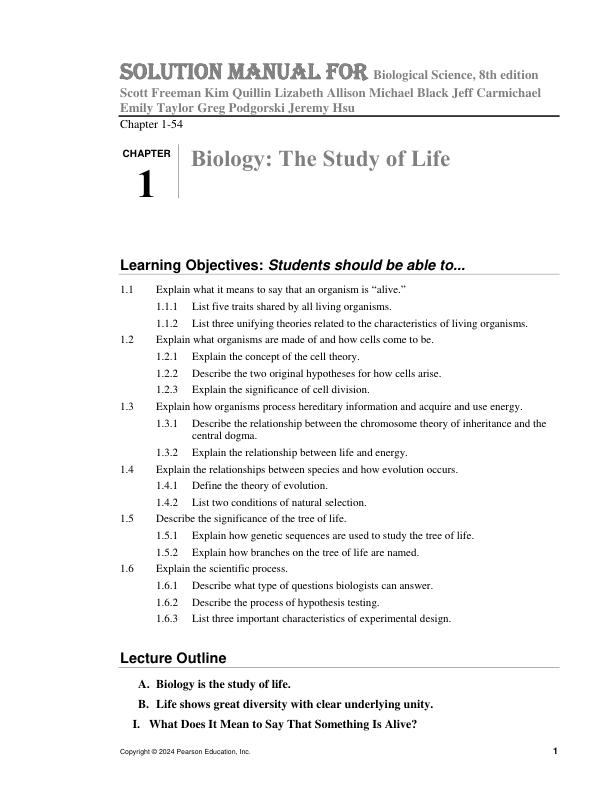 Solution Manual For Biological Science, 8th edition Scott Freeman Kim Quillin Lizabeth Allison Michael Black Jeff Carmichael Emily Taylor Greg Podgorski Jeremy Hsu