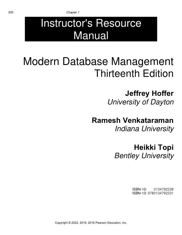 Solution Manual for Modern Database Management 13th Edition Heikki Topi, Jeffrey A Hoffer, Ramesh Venkataraman