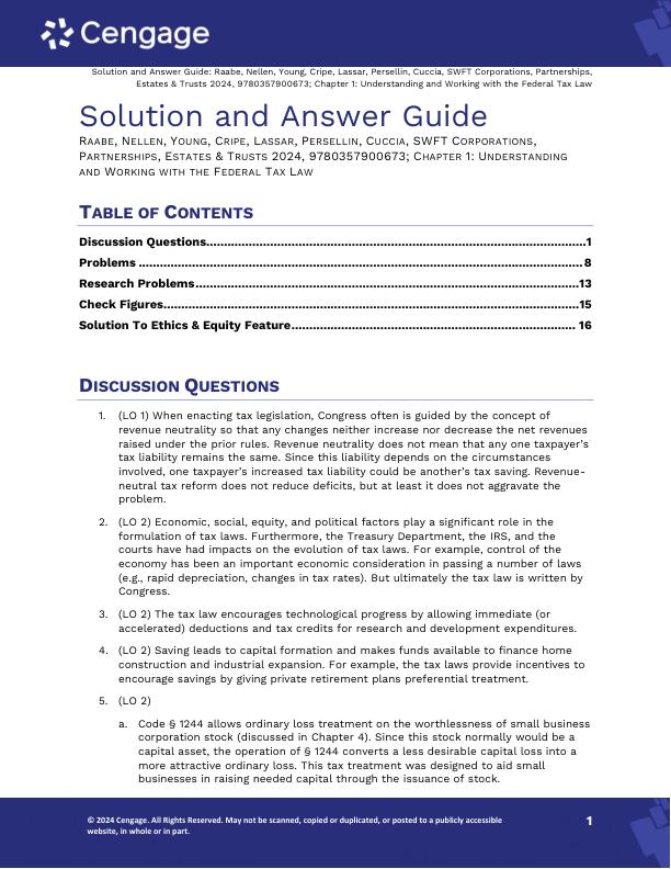 Solution Manual for South-Western Federal Taxation 2024 Corporations, Partnerships, Estates and Trusts, 47th Edition William A. RaabeAnnette NellenJames C. YoungBrad CripeSharon LassarMark PersellinAndrew D. Cuccia