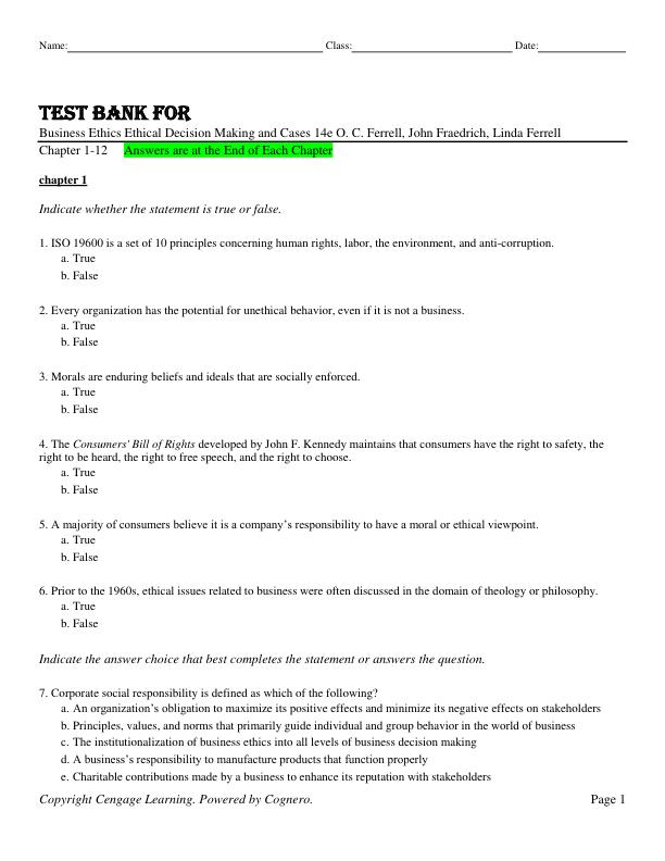 Test Bank for Business Ethics Ethical Decision Making and Cases 14e O. C. Ferrell, John Fraedrich, Linda Ferrell  Copyright 2026