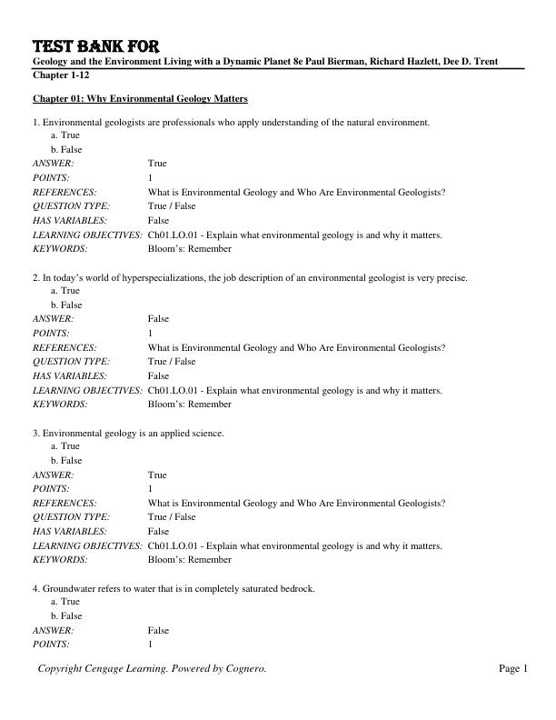 Test Bank for Geology and the Environment Living with a Dynamic Planet 8th Edition by Paul Bierman, Richard Hazlett, Dee D. Trent