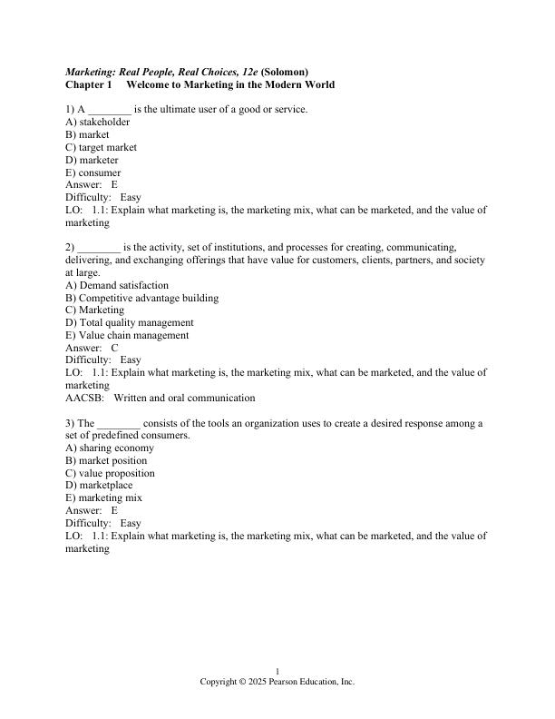 Test Bank for Marketing Real People, Real Choices, 12th edition Michael R. Solomon Greg W. Marshall Elnora W. Stuart Janée N. Burkhalter Brad Carlson
