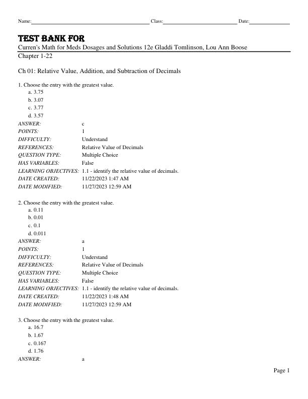 Test Bank for Curren's Math for Meds Dosages and Solutions 12th Edition by Gladdi Tomlinson, Lou Ann Boose