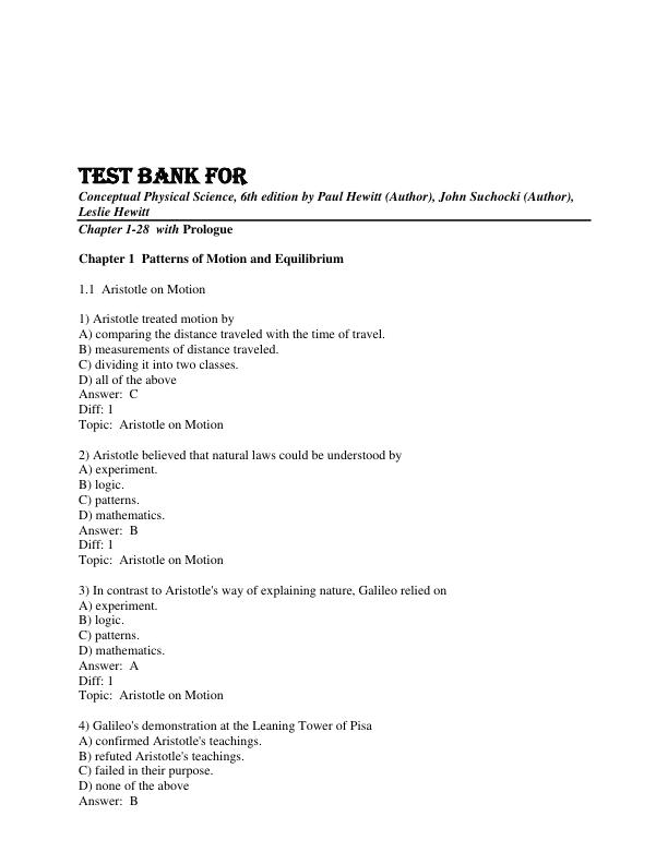 Test Bank For Conceptual Physical Science, 6th edition by Paul Hewitt, John Suchocki, Leslie Hewitt