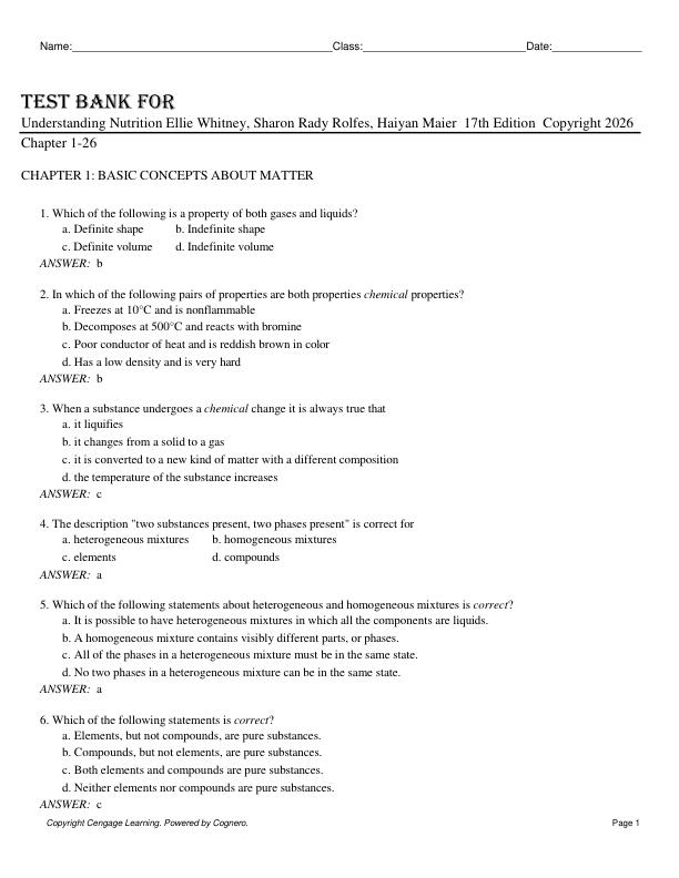 Test Bank for Understanding Nutrition 17th Edition by Ellie Whitney, Sharon Rady Rolfes, Haiyan Maier Copyright 2026