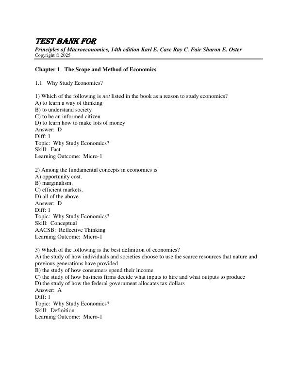 Test Bank for Principles of Macroeconomics, 14th edition Karl E. Case Ray C. Fair Sharon E. Oster