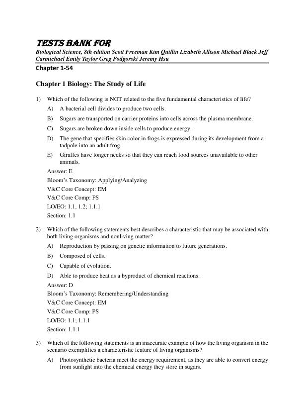 Test Bank For Biological Science, 8th edition Scott Freeman Kim Quillin Lizabeth Allison Michael Black Jeff Carmichael Emily Taylor Greg Podgorski Jeremy Hsu