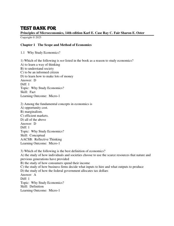 Test Bank for Principles of Microeconomics, 14th edition Karl E. Case Ray C. Fair Sharon E. Oster