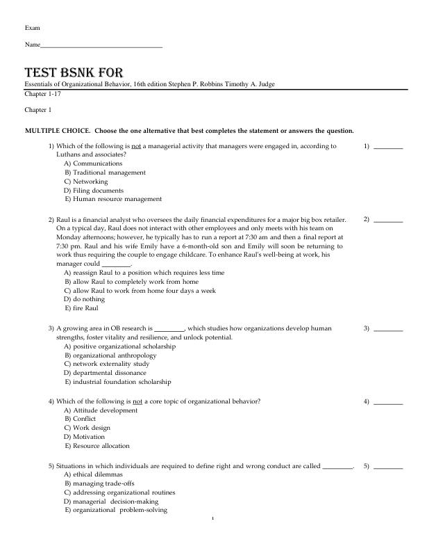 Test Bank for Essentials of Organizational Behavior, 16th edition Stephen P. Robbins Timothy A. Judge