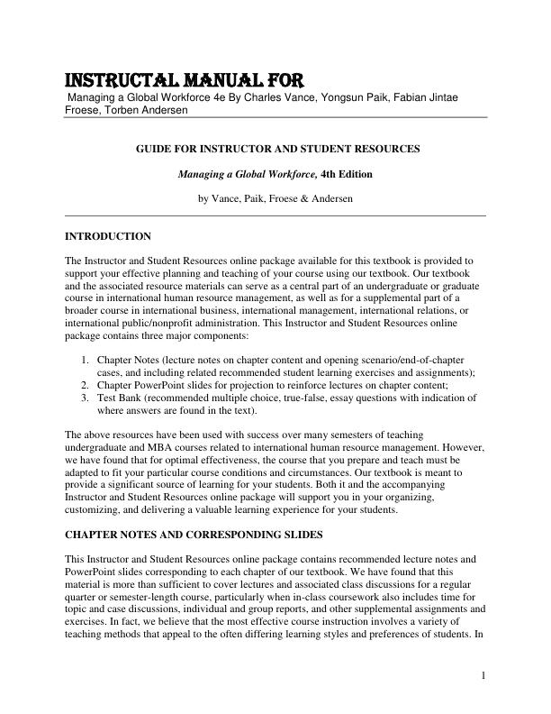 Instructal Manual For Managing a Global Workforce 4th Edition By Charles Vance, Yongsun Paik, Fabian Jintae Froese, Torben Andersen