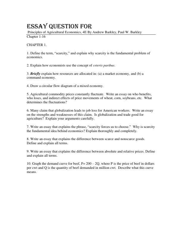 Essay Question For Principles of Agricultural Economics, 4th Edition By Andrew Barkley, Paul W. Barkley